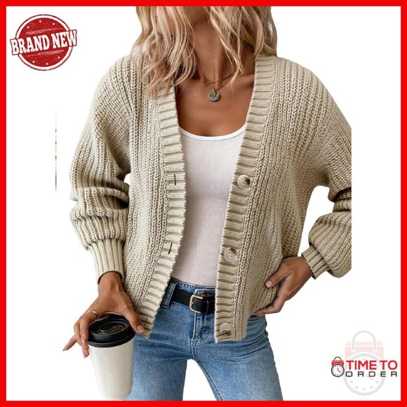 Sweaters - Chunky Knit Cardigan Oversized V-Neck Waffle Texture Sweater